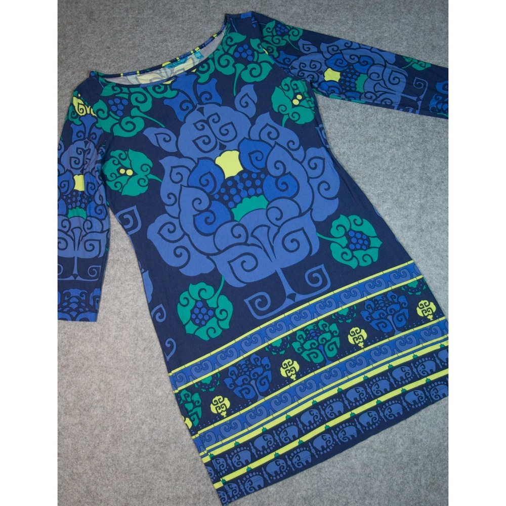 Tori Richard Honolulu Shift Dress Blue Green Floral Geo 3/4 Sleeve Sz L